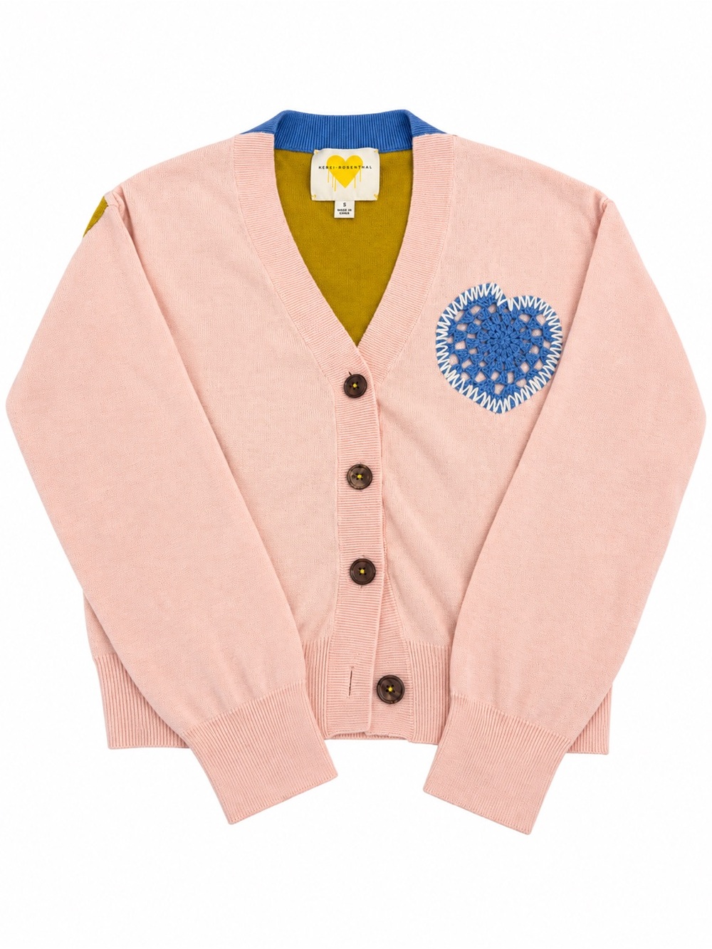 Kerri Rosenthal soft Pink V-Neck Cardigan with Blue Heart Patch.